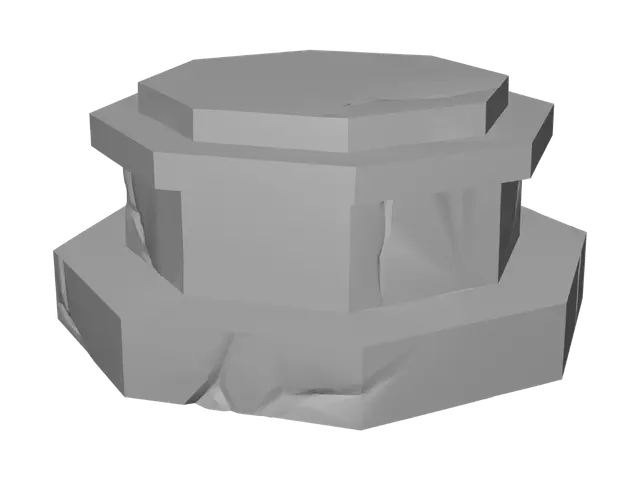 3D model for Low-poly stylized rock pedestal plinth, stone display stand for statue, cartoon low-poly RPG environment asset. Sturdy octagonal stone block base, multi-tiered stepped geometry, flat top surface. Clean smooth grey basalt rock material, sharp faceted edges, minimalist blocky silhouette. Solid light grey stone, smooth shading, no detailed cracks, clean game prop geometry.