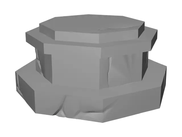 3D model for Low-poly stylized rock pedestal plinth, stone display stand for statue, cartoon low-poly RPG environment asset. Sturdy octagonal stone block base, multi-tiered stepped geometry, flat top surface. Clean smooth grey basalt rock material, sharp faceted edges, minimalist blocky silhouette. Solid light grey stone, smooth shading, no detailed cracks, clean game prop geometry.