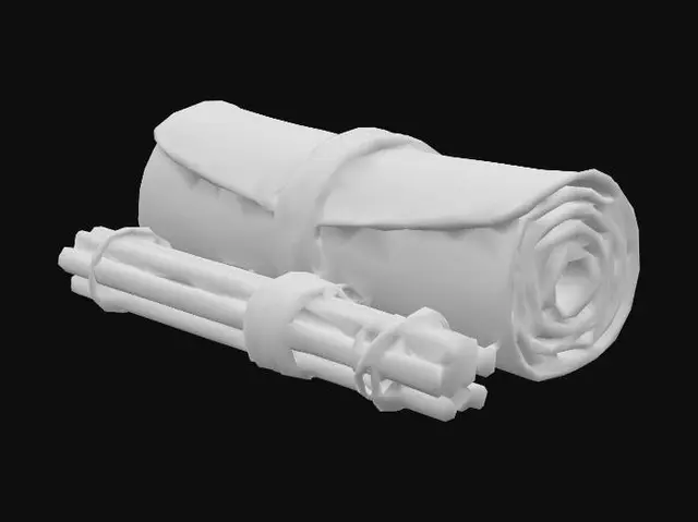 3D model for Folded leather tent and poles bundled together, everything stright, put together no background