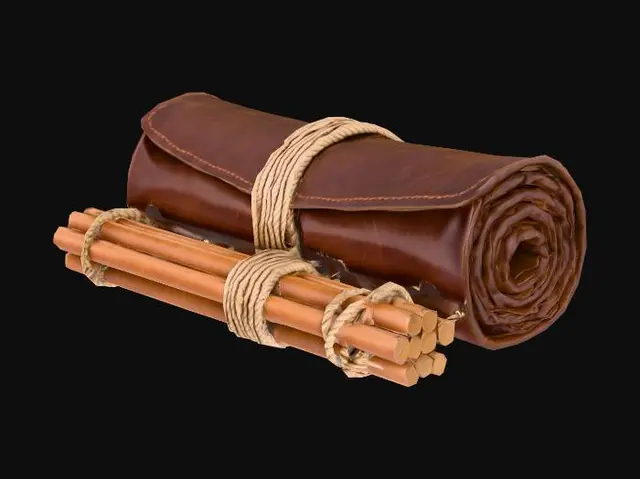 3D model for Folded leather tent and poles bundled together, everything stright, put together no background