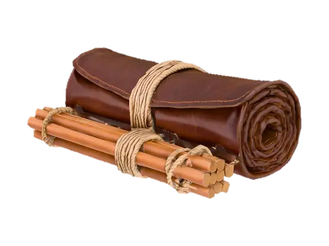 3D model for Folded leather tent and poles bundled together, everything stright, put together no background

