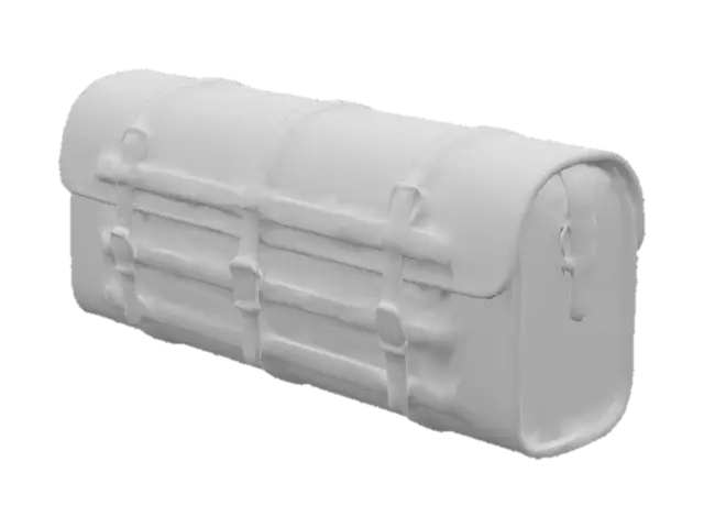 3D model for Long carriage saddle bage, with buckles and straps on the front, no background
