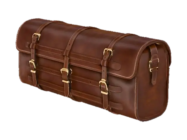 3D model for Long carriage saddle bage, with buckles and straps on the front, no background
