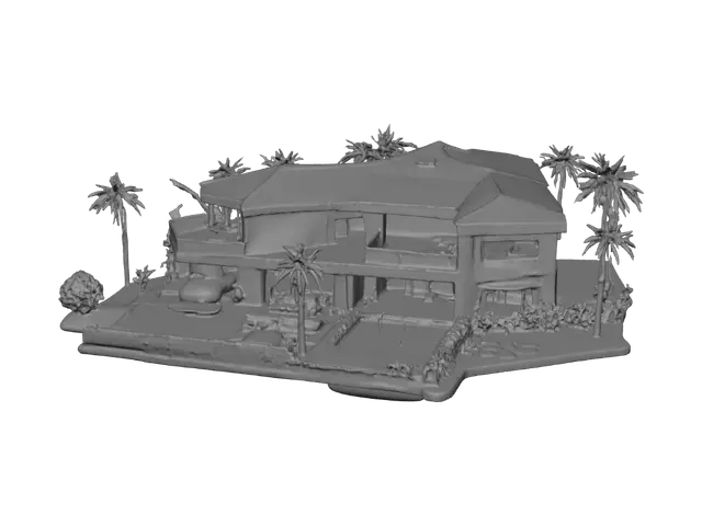3D model for Modern single-story house, 
3 bedrooms, 3 bathrooms, living room, dining room, kitchen with pantry, 
garage for 2 cars, terrace with swimming pool, landscaped garden with palm trees. 
Clean geometry, separated mesh parts (walls, roof, doors, windows, pool, furniture). 
Target polygon count: 150000. UV mapped surfaces, ready for rendering in Blender and Unreal Engine.