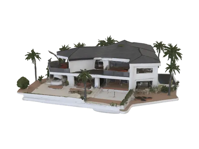 3D model for Modern single-story house, 
3 bedrooms, 3 bathrooms, living room, dining room, kitchen with pantry, 
garage for 2 cars, terrace with swimming pool, landscaped garden with palm trees. 
Clean geometry, separated mesh parts (walls, roof, doors, windows, pool, furniture). 
Target polygon count: 150000. UV mapped surfaces, ready for rendering in Blender and Unreal Engine.