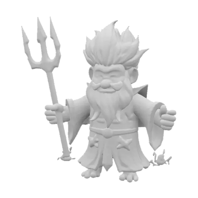 3D model for A cartoon Poseidon with wild blue hair, a flowing beard, and a big smile. He wears a seashell crown and holds a glittering trident that shoots water sparks. Fish swim around him, bubbles float in the air, and his robes are decorated with waves and starfish. A playful splash of water trails behind him, capturing the ocean’s magic with cartoonish charm.T-pose, A型姿势, T型姿势, 体型对称