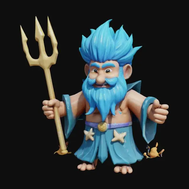 3D model for A cartoon Poseidon with wild blue hair, a flowing beard, and a big smile. He wears a seashell crown and holds a glittering trident that shoots water sparks. Fish swim around him, bubbles float in the air, and his robes are decorated with waves and starfish. A playful splash of water trails behind him, capturing the ocean’s magic with cartoonish charm.T-pose, A型姿势, T型姿势, 体型对称