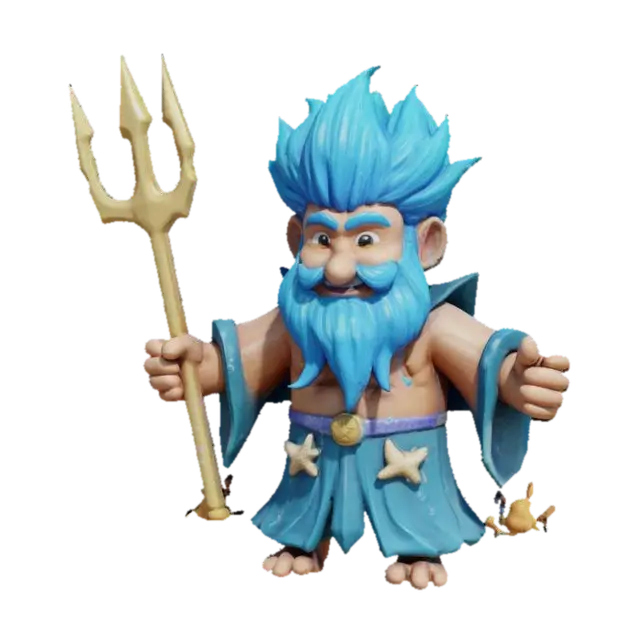 3D model for A cartoon Poseidon with wild blue hair, a flowing beard, and a big smile. He wears a seashell crown and holds a glittering trident that shoots water sparks. Fish swim around him, bubbles float in the air, and his robes are decorated with waves and starfish. A playful splash of water trails behind him, capturing the ocean’s magic with cartoonish charm.T-pose, A型姿势, T型姿势, 体型对称