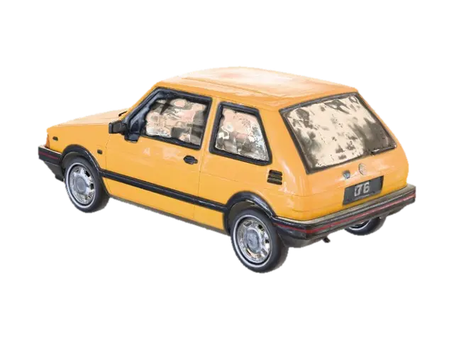 compact hatchback car, 1980s design style, angular shapes, flat surfaces,… - Utilitarian 3D model, vytvořený pomocí AI