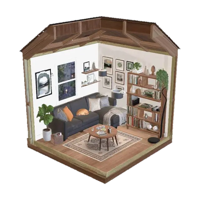 Cozy Gallery Wall Cutaway Living Room 3D model, vytvořený pomocí AI