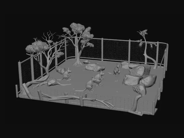 3D model for an enclosure for wallabis an its dim and sandy dry with dry wood and trees