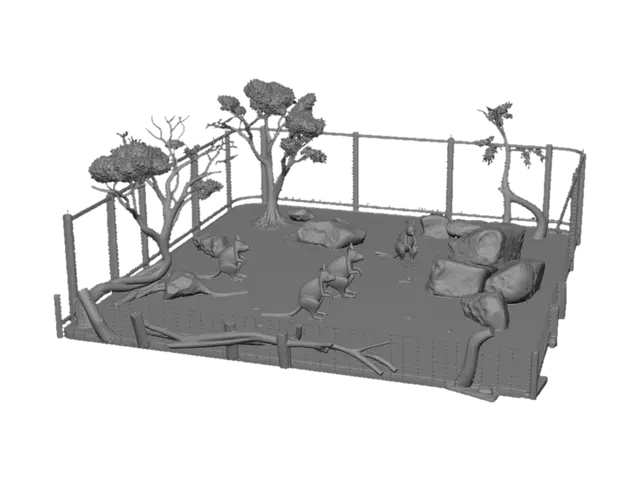 3D model for an enclosure for wallabis an its dim and sandy dry with dry wood and trees