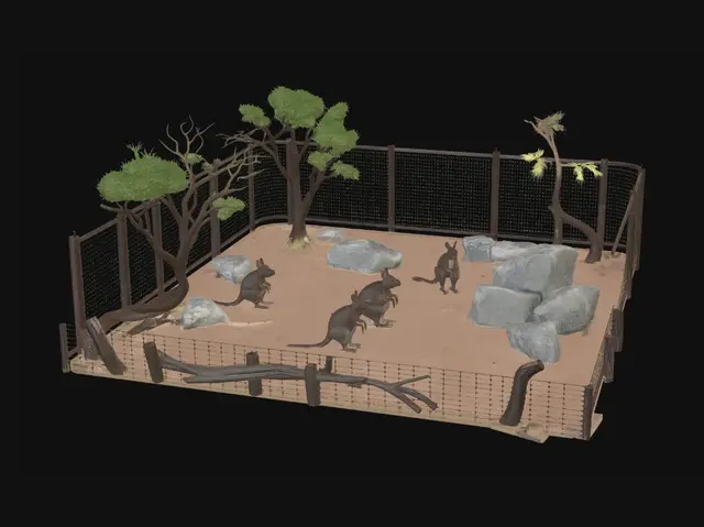 3D model for an enclosure for wallabis an its dim and sandy dry with dry wood and trees