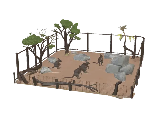 3D model for an enclosure for wallabis an its dim and sandy dry with dry wood and trees