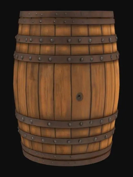 3D model for Un barril de madera robusto con una forma cilíndrica abombada en el centro. Sus tablas verticales, llamadas duelas, son de un roble envejecido, presentando un tono marrón oscuro con vetas visibles y una textura ligeramente rugosa. Los aros de metal que lo ciñen son de hierro forjado, con un acabado mate y una apariencia oxidada. Al tacto, la madera es firme y un poco áspera, mientras que el metal se siente frío y sólido.