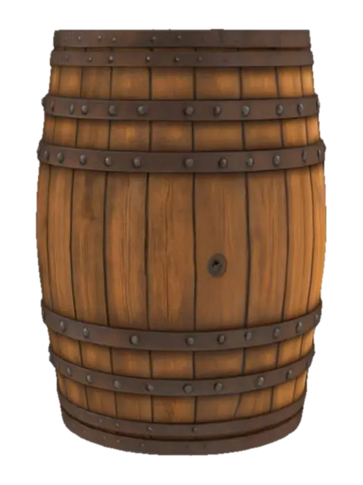 3D model for Un barril de madera robusto con una forma cilíndrica abombada en el centro. Sus tablas verticales, llamadas duelas, son de un roble envejecido, presentando un tono marrón oscuro con vetas visibles y una textura ligeramente rugosa. Los aros de metal que lo ciñen son de hierro forjado, con un acabado mate y una apariencia oxidada. Al tacto, la madera es firme y un poco áspera, mientras que el metal se siente frío y sólido.
