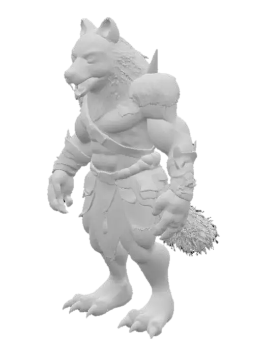 3D model for Un lobo bárbaro de postura imponente y musculatura robusta. Su denso pelaje gris oscuro, salpicado de tonos terrosos, presenta una textura áspera y salvaje. Lleva trozos de cuero curtido y pieles de bestia como armadura, de tonos marrones y negros, que se sienten pesados y toscos. Ojos amarillos penetrantes y afilados colmillos se asoman de su hocico. Sus hombros son anchos y sus garras son grandes, listos para la batalla.