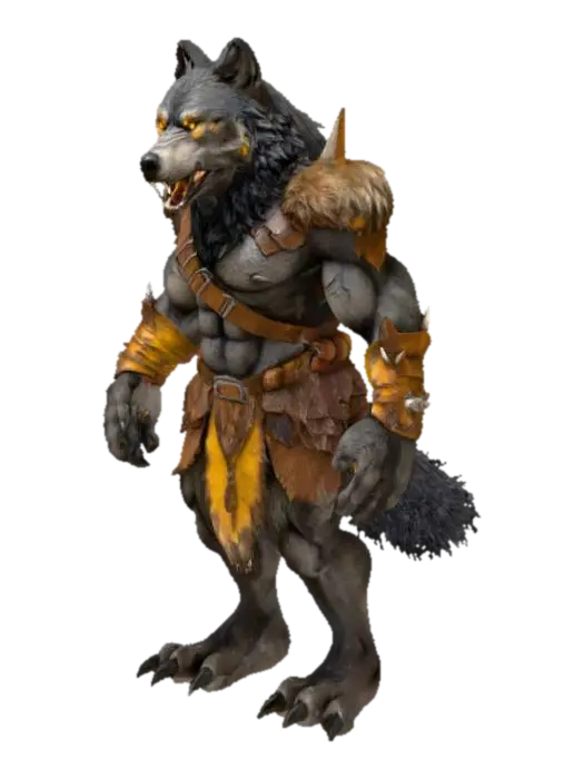 3D model for Un lobo bárbaro de postura imponente y musculatura robusta. Su denso pelaje gris oscuro, salpicado de tonos terrosos, presenta una textura áspera y salvaje. Lleva trozos de cuero curtido y pieles de bestia como armadura, de tonos marrones y negros, que se sienten pesados y toscos. Ojos amarillos penetrantes y afilados colmillos se asoman de su hocico. Sus hombros son anchos y sus garras son grandes, listos para la batalla.