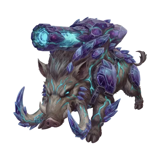3D model for Using this exact Boar-Symbiont creature as the base, show its evolved Tier-2/3 upgraded form: keep the same body, tusks, crystal plating and cyan veins, but add a new organic-crystal energy cannon growth erupting from its back/shoulders where the crystal plates are — a turret-like bio-crystal structure with a glowing cyan core/barrel that can aim, made of the same crystal material as the rest of its armor, looks grown/organic not bolted-on like machinery. Isolated on a clean plain white background, three-quarter front-facing angle, full body visible, no other elements.