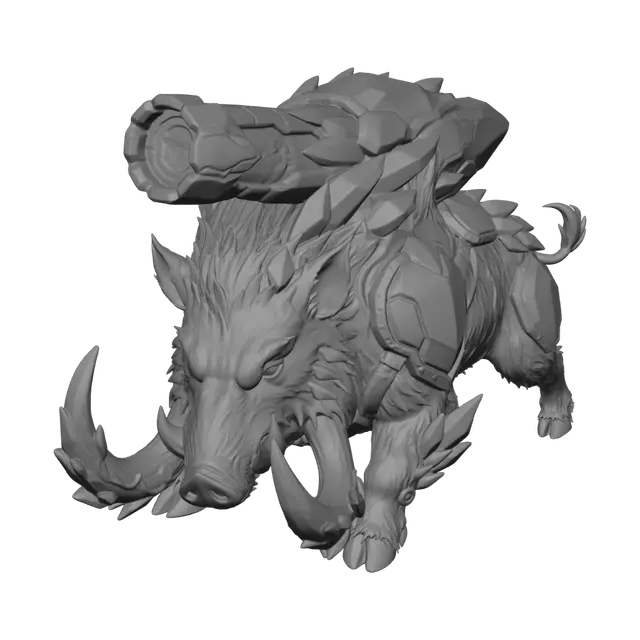 3D model for Using this exact Boar-Symbiont creature as the base, show its evolved Tier-2/3 upgraded form: keep the same body, tusks, crystal plating and cyan veins, but add a new organic-crystal energy cannon growth erupting from its back/shoulders where the crystal plates are — a turret-like bio-crystal structure with a glowing cyan core/barrel that can aim, made of the same crystal material as the rest of its armor, looks grown/organic not bolted-on like machinery. Isolated on a clean plain white background, three-quarter front-facing angle, full body visible, no other elements.