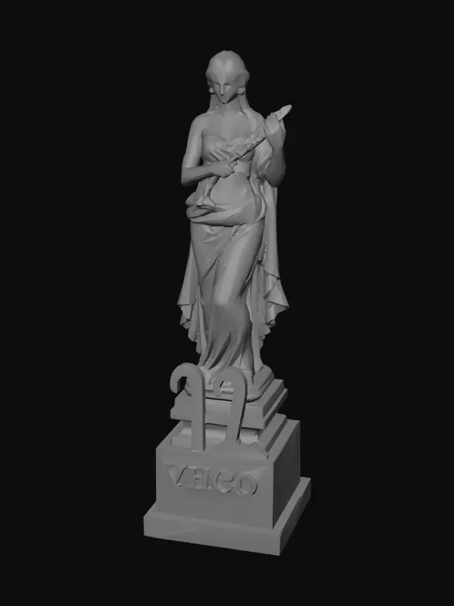 3D model for A highly detailed marble statue representing the Virgo zodiac sign, depicting a graceful female figure holding wheat, symbolizing purity and nature. The statue stands on a refined stone pedestal.
Directly in front of the pedestal, clearly separated and fully visible, there is a large 3D Virgo zodiac symbol (♍), positioned on the ground, centered, and facing forward. The symbol must be prominent, solid, sculpted, and not engraved.
Classical sculpture style, realistic proportions, smooth marble texture, museum-quality artwork, soft lighting, symmetrical composition, clean background, centered object, high detail, 3D printable.