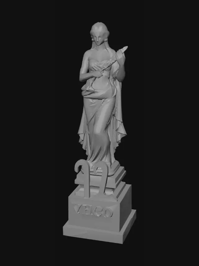 3D model for A highly detailed marble statue representing the Virgo zodiac sign, depicting a graceful female figure holding wheat, symbolizing purity and nature. The statue stands on a refined stone pedestal.
Directly in front of the pedestal, clearly separated and fully visible, there is a large 3D Virgo zodiac symbol (♍), positioned on the ground, centered, and facing forward. The symbol must be prominent, solid, sculpted, and not engraved.
Classical sculpture style, realistic proportions, smooth marble texture, museum-quality artwork, soft lighting, symmetrical composition, clean background, centered object, high detail, 3D printable.