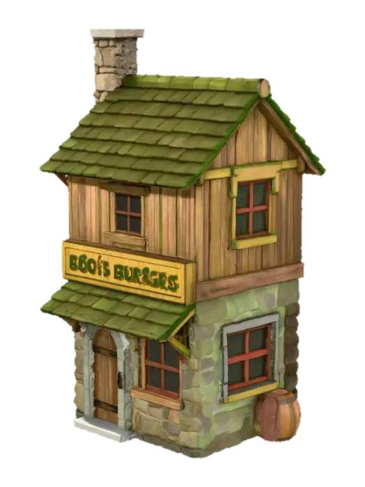 Medieval Burger Hut - Restaurant 3D model, vytvořený pomocí AI