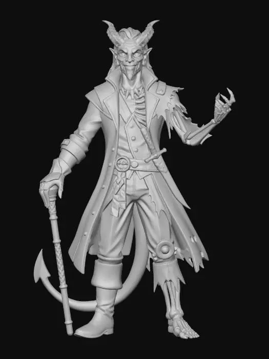3D model for Traditional watercolor + ink fantasy illustration: muted coastal palette, foggy harbor backdrop with faint dock pilings and distant ships, gritty paper texture, soft ink linework and watercolor wash. If working off of a screenshot from heroforge, remove the base so the character is not artificially separated from the world.

With this pirate character, can you make him half physical and half wraith or ghost, split right down the middle?