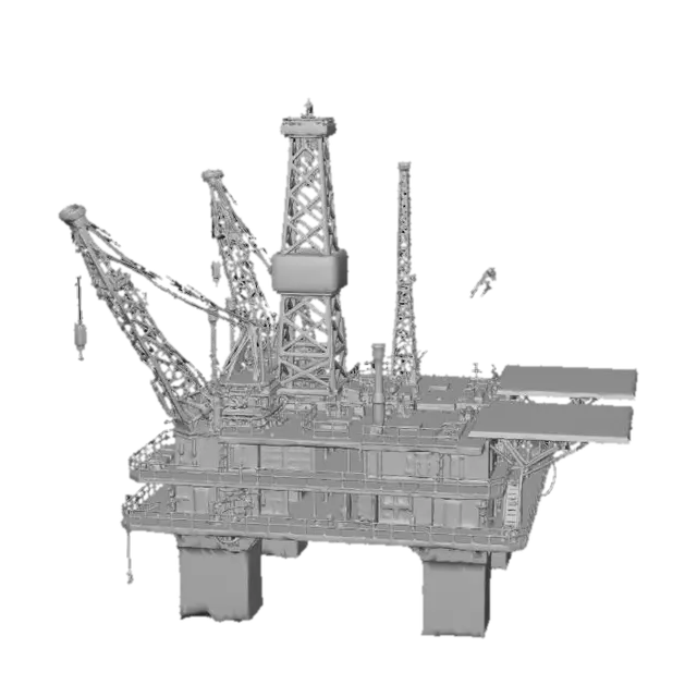 3D model for Create a low-poly 3D abandoned oil rig environment set in the middle of the ocean. The structure should feature rusted metal, broken railings, collapsed cranes, and damaged pipes, with subtle vegetation like seaweed or moss growing on the lower areas. Include a main drilling tower, helipad, and multiple rust-stained platforms connected by narrow walkways. The surrounding low-poly ocean should have muted colors and calm polygonal waves. Maintain a stylized low-poly aesthetic with simplified geometry and a desaturated, moody color palette to evoke an abandoned, post-industrial atmosphere.