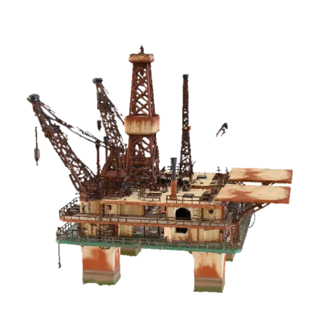 3D model for Create a low-poly 3D abandoned oil rig environment set in the middle of the ocean. The structure should feature rusted metal, broken railings, collapsed cranes, and damaged pipes, with subtle vegetation like seaweed or moss growing on the lower areas. Include a main drilling tower, helipad, and multiple rust-stained platforms connected by narrow walkways. The surrounding low-poly ocean should have muted colors and calm polygonal waves. Maintain a stylized low-poly aesthetic with simplified geometry and a desaturated, moody color palette to evoke an abandoned, post-industrial atmosphere.