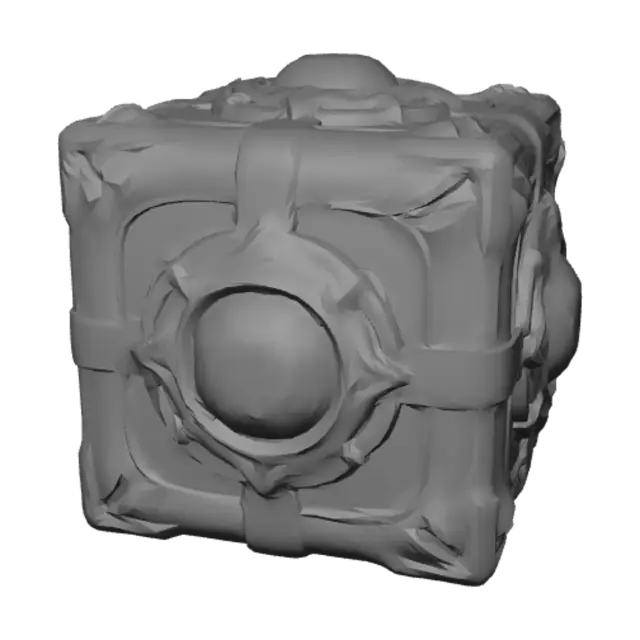 3D model for It is a small, symmetrical black metal cube with golden trimm that has massive red gems which occupy the majority of each of its faces (there is one gem on each face that is big enough to take up most of the space). on each of the gems is a different shape carved out of it: there is a simple mountain shape, a simple hourglas shape, a simple upside down crown shape, a simple simbol of a triangle with a line through it, and a simple hollow skull symbol. the sixth side looks like it might have had a circle etched into it, but the gem on that side is fractured so much that it is hard to tell