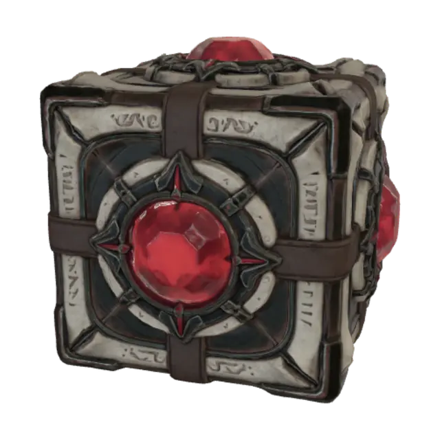 3D model for It is a small, symmetrical black metal cube with golden trimm that has massive red gems which occupy the majority of each of its faces (there is one gem on each face that is big enough to take up most of the space). on each of the gems is a different shape carved out of it: there is a simple mountain shape, a simple hourglas shape, a simple upside down crown shape, a simple simbol of a triangle with a line through it, and a simple hollow skull symbol. the sixth side looks like it might have had a circle etched into it, but the gem on that side is fractured so much that it is hard to tell