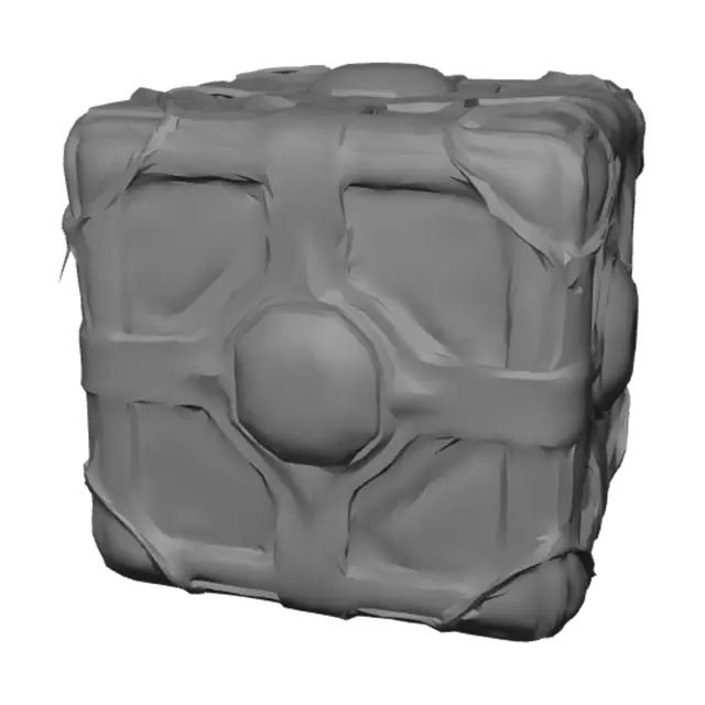 3D model for It is a small, symmetrical black metal cube with golden trimm that has massive red gems which occupy the majority of each of its faces (there is one gem on each face that is big enough to take up most of the space). on each of the gems is a different shape carved out of it: there is a simple mountain shape, a simple hourglas shape, a simple upside down crown shape, a simple simbol of a triangle with a line through it, and a simple hollow skull symbol. the sixth side looks like it might have had a circle etched into it, but the gem on that side is fractured so much that it is hard to tell