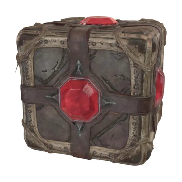 3D model for It is a small, symmetrical black metal cube with golden trimm that has massive red gems which occupy the majority of each of its faces (there is one gem on each face that is big enough to take up most of the space). on each of the gems is a different shape carved out of it: there is a simple mountain shape, a simple hourglas shape, a simple upside down crown shape, a simple simbol of a triangle with a line through it, and a simple hollow skull symbol. the sixth side looks like it might have had a circle etched into it, but the gem on that side is fractured so much that it is hard to tell