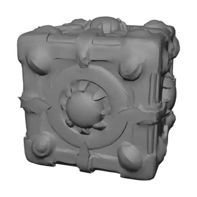 3D model for It is a small, symmetrical black metal cube with golden trimm that has massive red gems which occupy the majority of each of its faces (there is one gem on each face that is big enough to take up most of the space). on each of the gems is a different shape carved out of it: there is a simple mountain shape, a simple hourglas shape, a simple upside down crown shape, a simple simbol of a triangle with a line through it, and a simple hollow skull symbol. the sixth side looks like it might have had a circle etched into it, but the gem on that side is fractured so much that it is hard to tell
