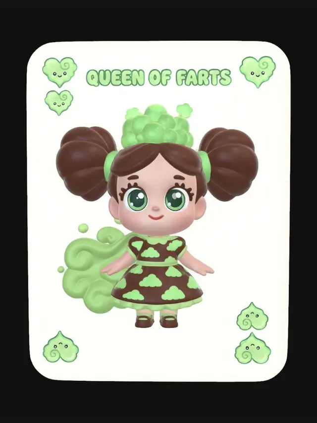 3D model for I want a queen of hearts card but I want it to be queen of farts instead. Change the hearts for little heart shaped cartoon style fart clouds. Ensure the fart clouds are instantly recognisable and green in colour. I want the queen to be a child with brown hair.