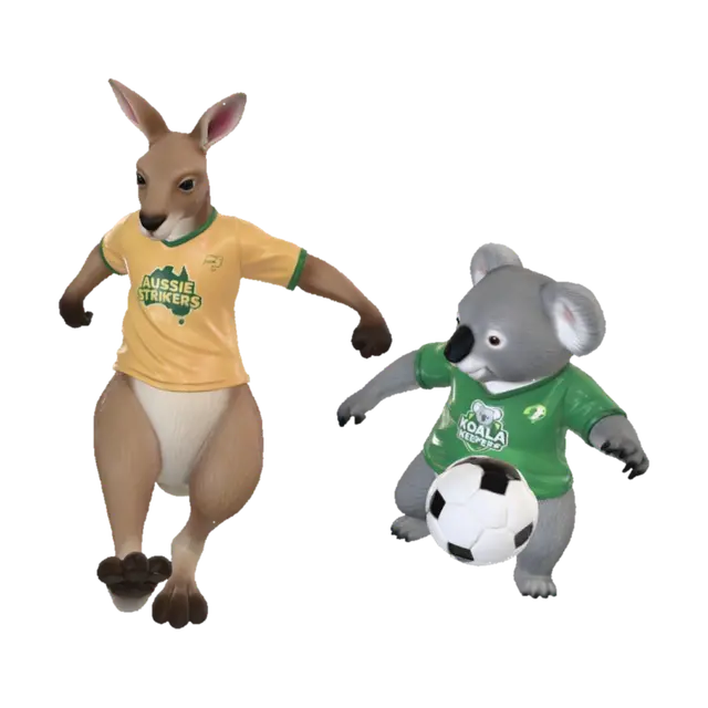 Create an image of a kangaroo making a shot at a soccer goal with a koala behind… 3D model, vytvořený pomocí AI