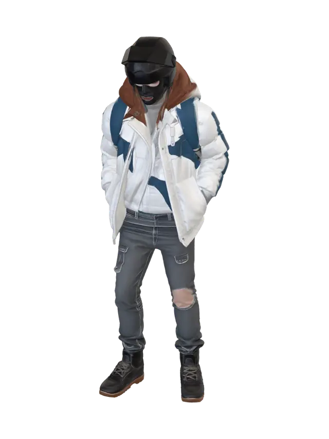 3D model for una motorista con un casco protector negro, cazadora blanca, pantalón vaquero gris y mochila azul a la espalda, proyectada  sobre la calzada por caída sobre el asfalto