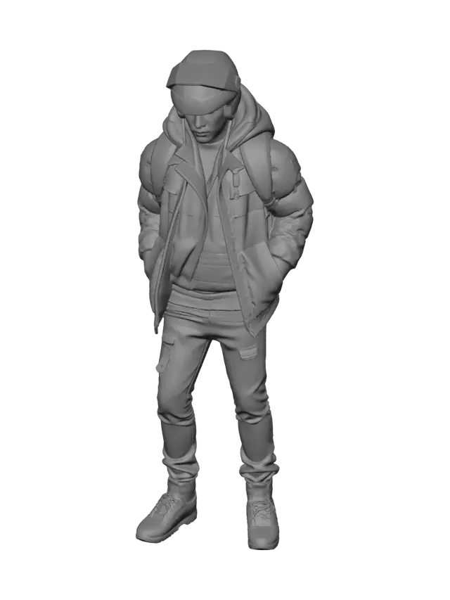 3D model for una motorista con un casco protector negro, cazadora blanca, pantalón vaquero gris y mochila azul a la espalda, proyectada  sobre la calzada por caída sobre el asfalto