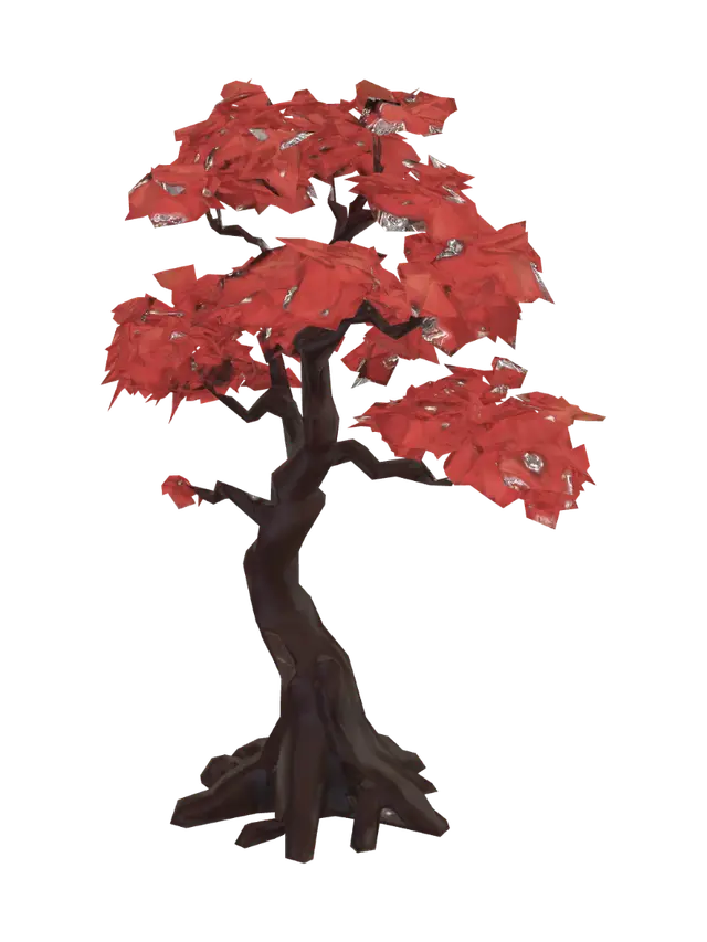 3D model for Low poly stylized Japanese red maple tree asset, gnarled twisted wood trunk, faceted maple leaf canopy with red orange and gold autumn color palette, standing on a circular ground base, game-ready low poly asset, soft lighting, isolated background.