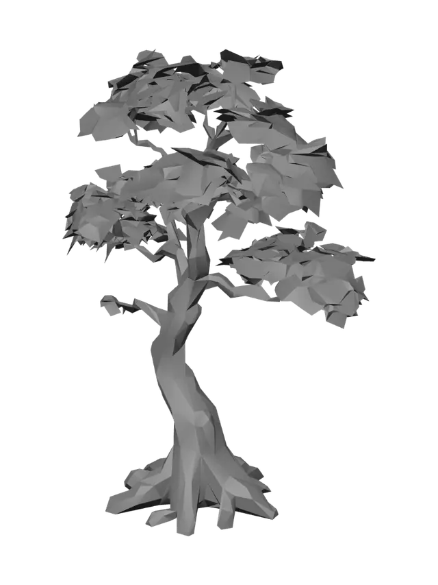 3D model for Low poly stylized Japanese red maple tree asset, gnarled twisted wood trunk, faceted maple leaf canopy with red orange and gold autumn color palette, standing on a circular ground base, game-ready low poly asset, soft lighting, isolated background.