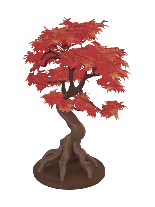 3D model for Low poly stylized Japanese red maple bonsai tree asset, gnarled twisted wood trunk, faceted maple leaf canopy with red orange and gold autumn color palette, standing on a circular ground base, game-ready low poly asset, soft lighting, isolated background.