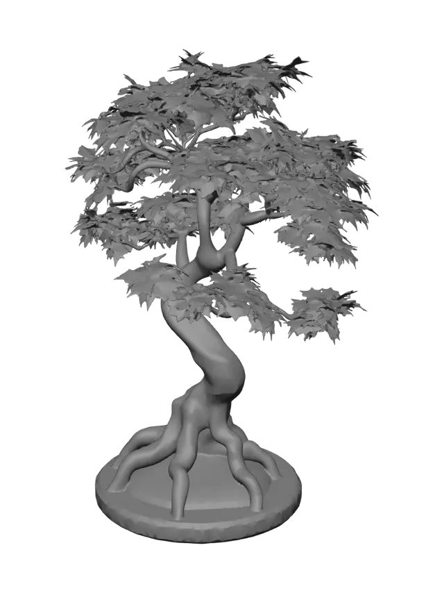3D model for Low poly stylized Japanese red maple bonsai tree asset, gnarled twisted wood trunk, faceted maple leaf canopy with red orange and gold autumn color palette, standing on a circular ground base, game-ready low poly asset, soft lighting, isolated background.