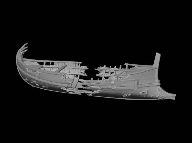 3D model for Broken ancient Spartan trireme wreck, semi-realistic AAA game asset concept art, isolated ship only, transparent background, no water, no environment, ship split in half from the center, massive structural damage, shattered wooden hull, broken deck, exposed ribs and beams, no sail, no mast, no oars, weathered wood textures, vibrant natural wood colors, realistic materials, clean readable silhouette, medium detail, easy-to-model shapes, side-scroller readability, three-quarter side view, soft diffuse lighting, no bloom, no HDR, no cinematic effects, game-ready environment asset.