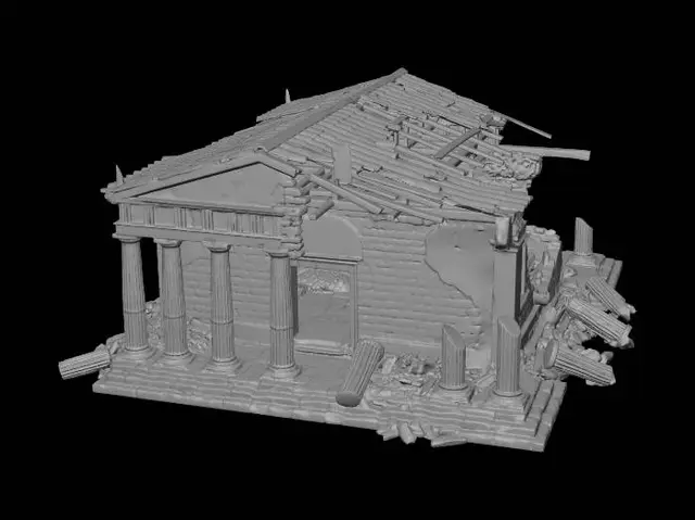 3D model for Burned ancient Greek village house ruin, clean AAA game asset concept art for 3D modeling reference, isolated building only, transparent background, no environment, no ground, no text, no fire, no smoke, no particles, heavily damaged structure, partially collapsed roof, broken stone walls, charred blackened surfaces, soot-covered walls, simplified architecture, clean large shapes, low visual noise, medium detail, easy-to-model geometry, readable silhouette for side-scroller games, realistic stone and burned wood materials, ancient Greek architecture, broken columns, collapsed beams, controlled texture detail, neutral soft lighting, no cinematic effects, no bloom, no HDR, semi-realistic game asset, three-quarter side view.