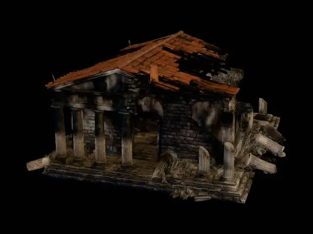 3D model for Burned ancient Greek village house ruin, clean AAA game asset concept art for 3D modeling reference, isolated building only, transparent background, no environment, no ground, no text, no fire, no smoke, no particles, heavily damaged structure, partially collapsed roof, broken stone walls, charred blackened surfaces, soot-covered walls, simplified architecture, clean large shapes, low visual noise, medium detail, easy-to-model geometry, readable silhouette for side-scroller games, realistic stone and burned wood materials, ancient Greek architecture, broken columns, collapsed beams, controlled texture detail, neutral soft lighting, no cinematic effects, no bloom, no HDR, semi-realistic game asset, three-quarter side view.