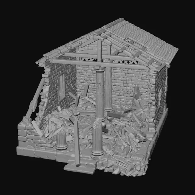 3D model for Burned ancient Greek village house ruin, clean AAA game asset concept art for 3D modeling reference, isolated building only, transparent background, no environment, no ground, no text, no fire, no smoke, no particles, heavily damaged structure, partially collapsed roof, broken walls, charred blackened surfaces, soot-covered walls, simplified architecture, clean large shapes, low visual noise, medium detail, easy-to-model geometry, readable silhouette for side-scroller games, realistic stone and burned wood materials, ancient Greek architecture, broken columns, collapsed beams, controlled texture detail, neutral soft lighting, no cinematic effects, no bloom, no HDR, semi-realistic game asset, three-quarter side view.