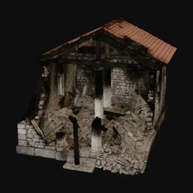 3D model for Burned ancient Greek village house ruin, clean AAA game asset concept art for 3D modeling reference, isolated building only, transparent background, no environment, no ground, no text, no fire, no smoke, no particles, heavily damaged structure, partially collapsed roof, broken walls, charred blackened surfaces, soot-covered walls, simplified architecture, clean large shapes, low visual noise, medium detail, easy-to-model geometry, readable silhouette for side-scroller games, realistic stone and burned wood materials, ancient Greek architecture, broken columns, collapsed beams, controlled texture detail, neutral soft lighting, no cinematic effects, no bloom, no HDR, semi-realistic game asset, three-quarter side view.