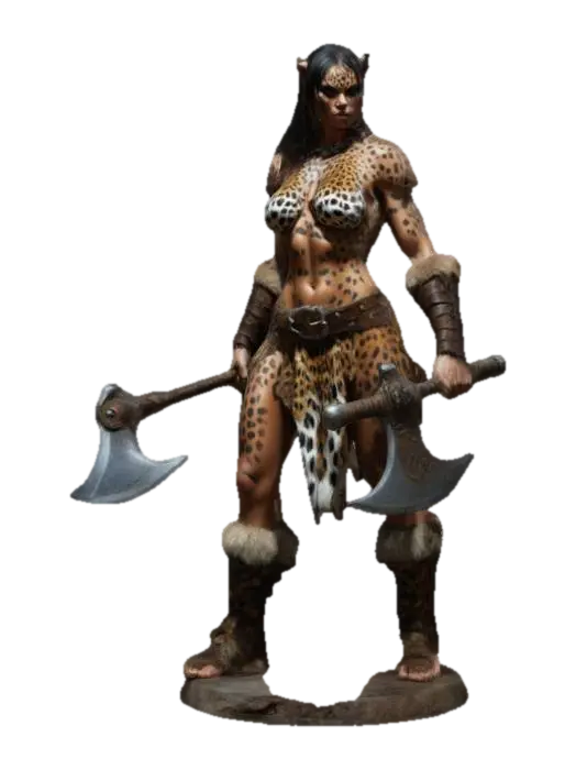 3D model for A fierce looking barbarian woman wearing leopard skin clothing drawn by artist Simon Bisley, painterly look, 