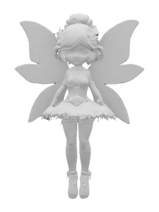 3D model for  a cosmic fairy inspired by simon bisley painting. Chibi art style. She has large wings. dynamic pose. Highly stylized she has a very elaborate couture style, dnd miniature , #fairy#